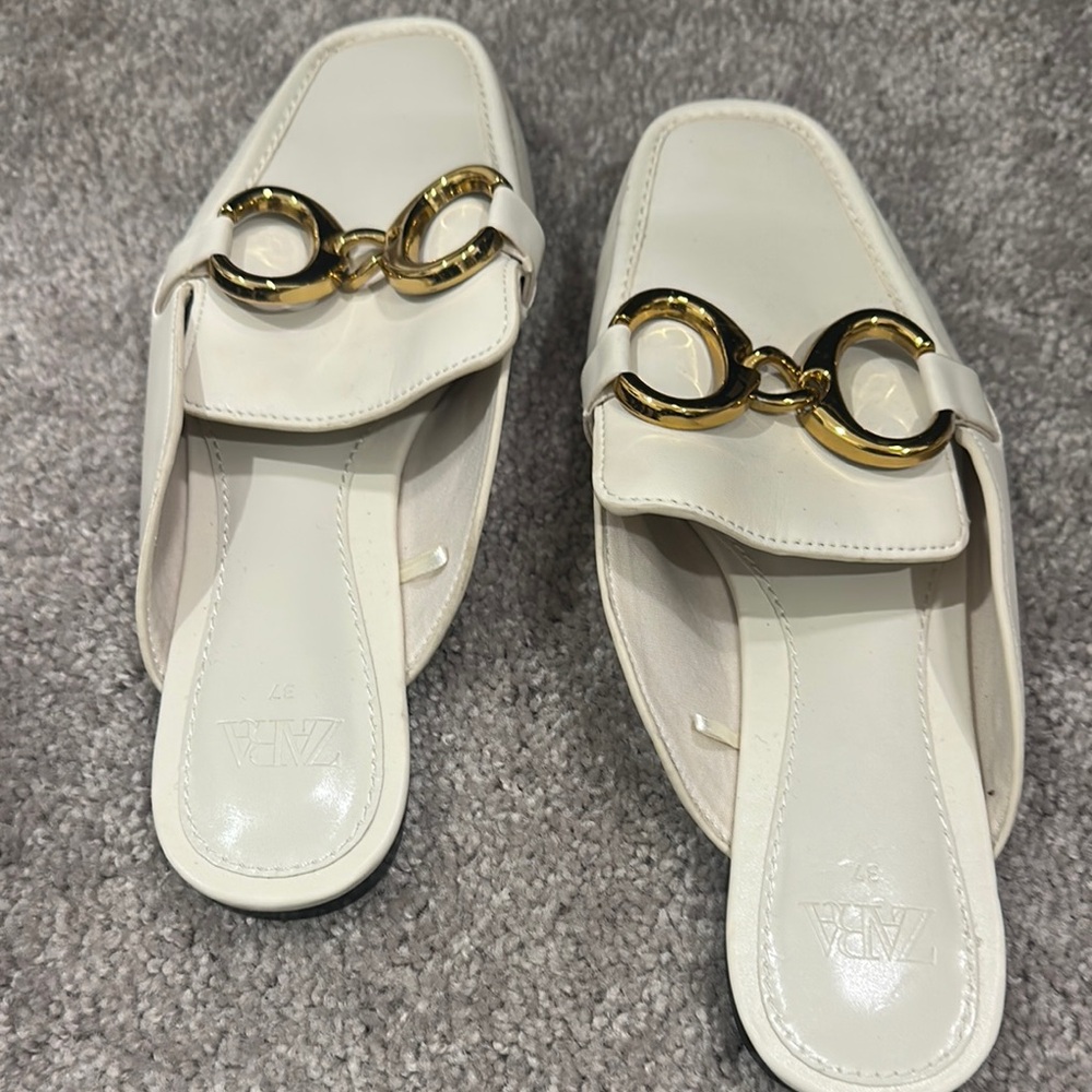 Zara White and Gold Mules with Chain Detail